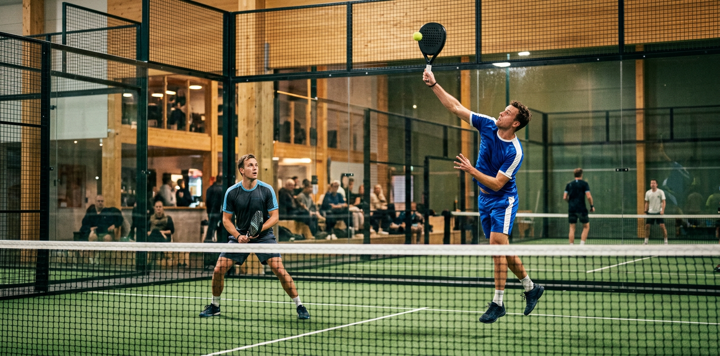 Padeldubbelspelare i ett svenskt inomhus-padelcenter vid glasväggen